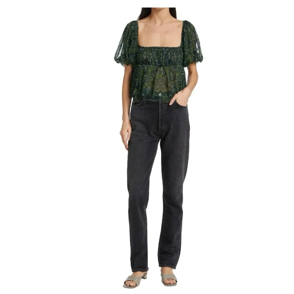Free People Penelope Babydoll Smocked Mesh Top Blouse in Deep‎ Sea Green Sz S
